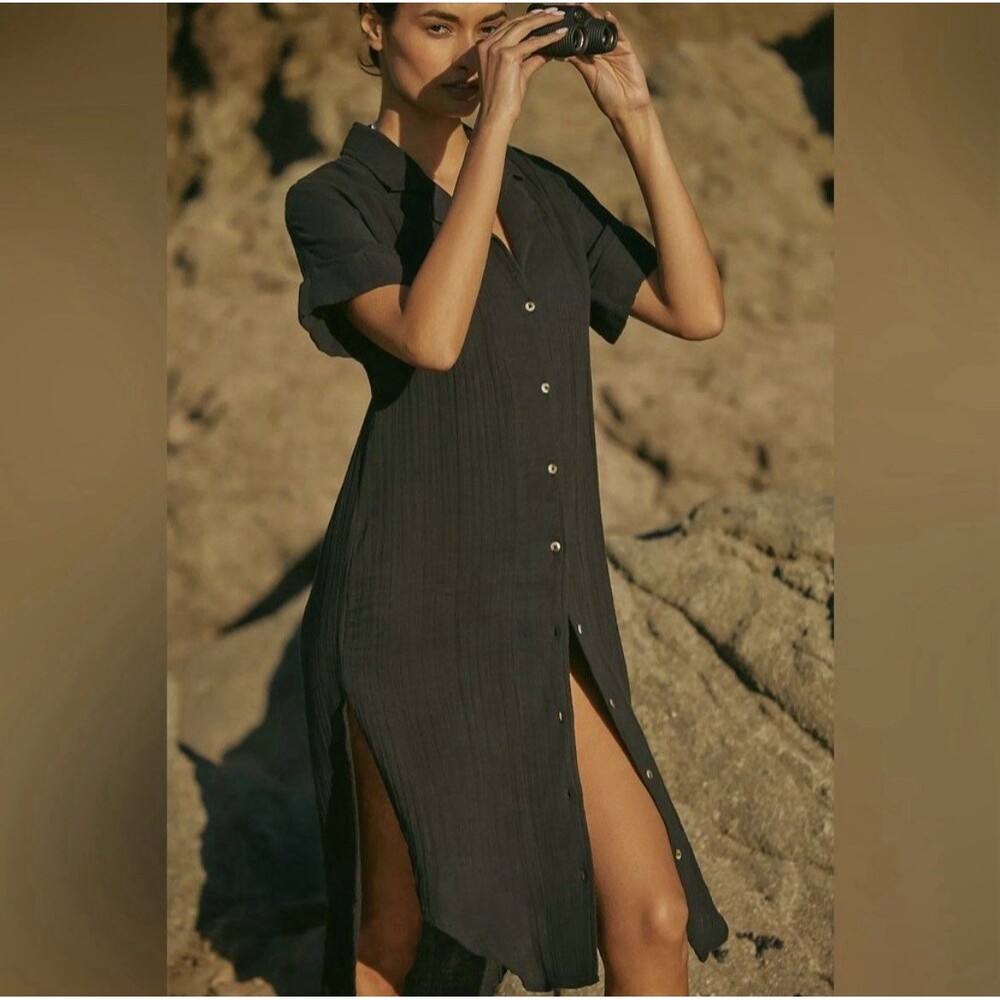 Anthropologie Lucia Sheer Black Midi Dress S Cover Up Button Front 100% Cotton